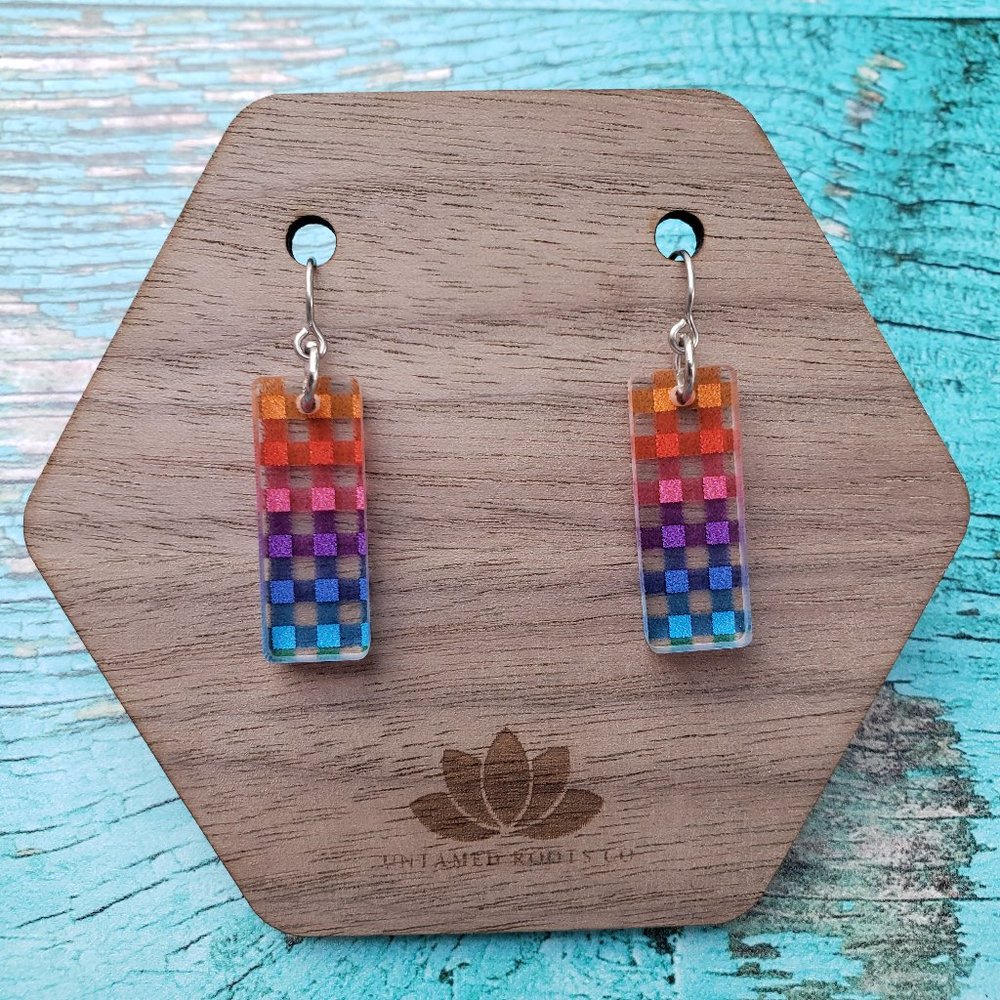 Rainbow Plaid Small Rectangle Dangle Earrings, Acrylic/Stainless Steel, Handmade